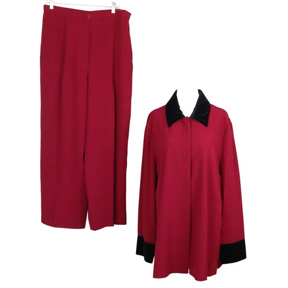 Vintage 80s 90s Susan Bristol Red Wide Leg Pant Suit Black Velvet Collar Plus 16 - Picture 1 of 8